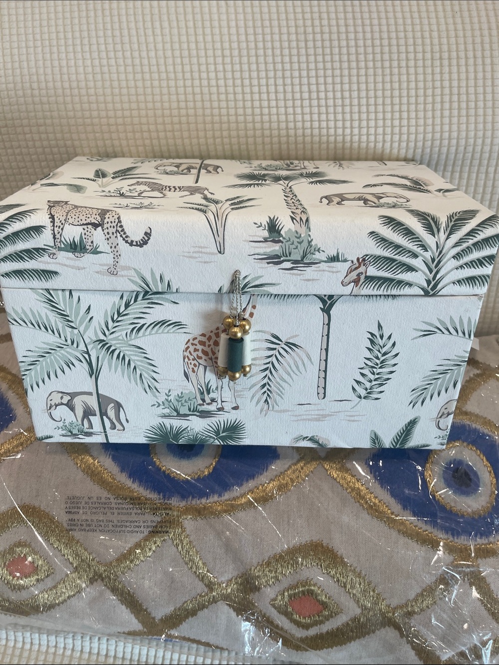 Decorative Jungle Print Storage Box with Tassel - White & Green